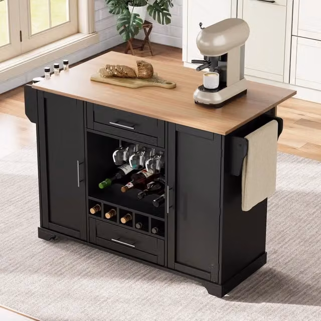 Carrello cucina con piano di lavoro ribaltabile WISHDOR nero con ruote, portabottiglie e porta spezie, L/P/H: 92 x 45 x 138 cm