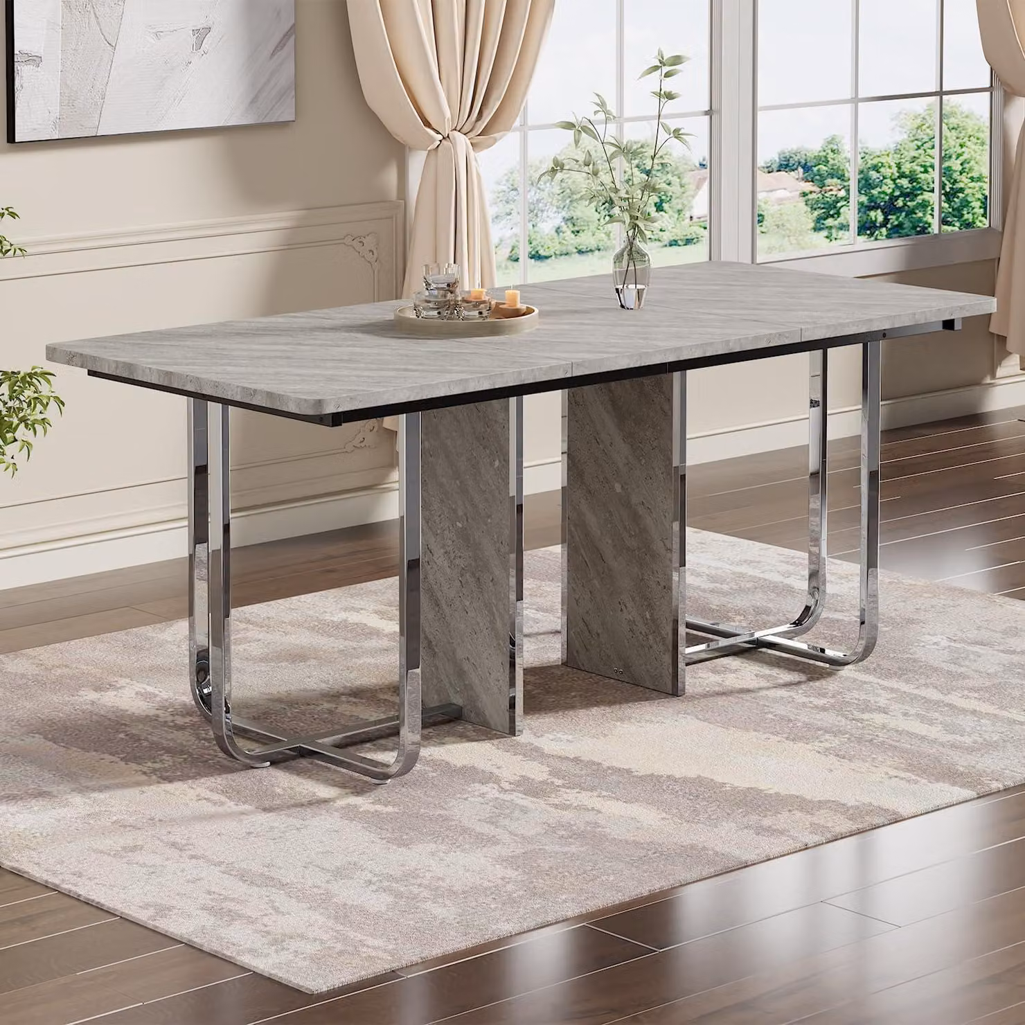Tavolo da pranzo rettangolare, 180x80 cm, grigio/argento, con gambe in metallo, per 6 persone