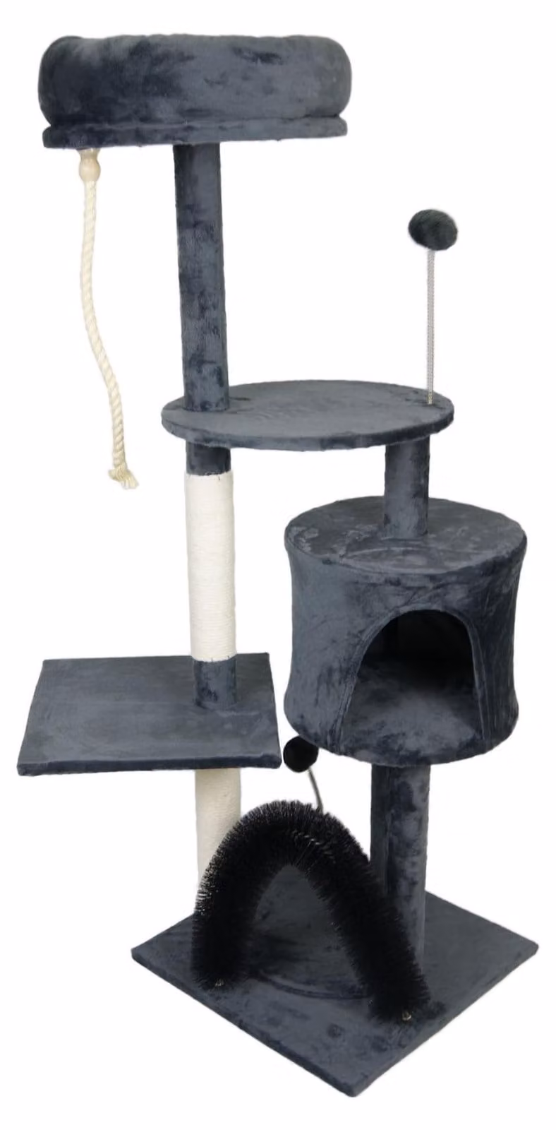 Tiragraffi TANJA piccolo e leggero, beige o grigio, con cuccia, piume giocattolo, cuccia, spazzola per la toelettatura, colore: grigio