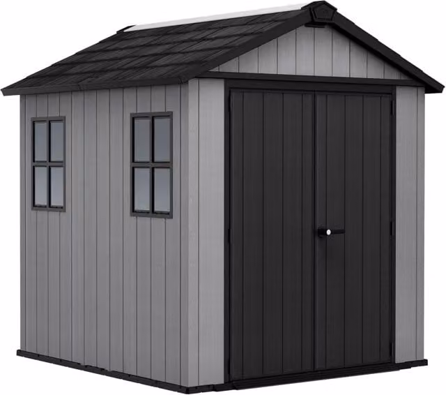 Casetta da Giardino Keter Newton + 757/775 in Resina con Finitura Effetto Legno Evotech+, 2 Ante per Deposito Attrezzi, Grigio e Nero, L: 223 cm, P: 246 cm, H: 230 cm