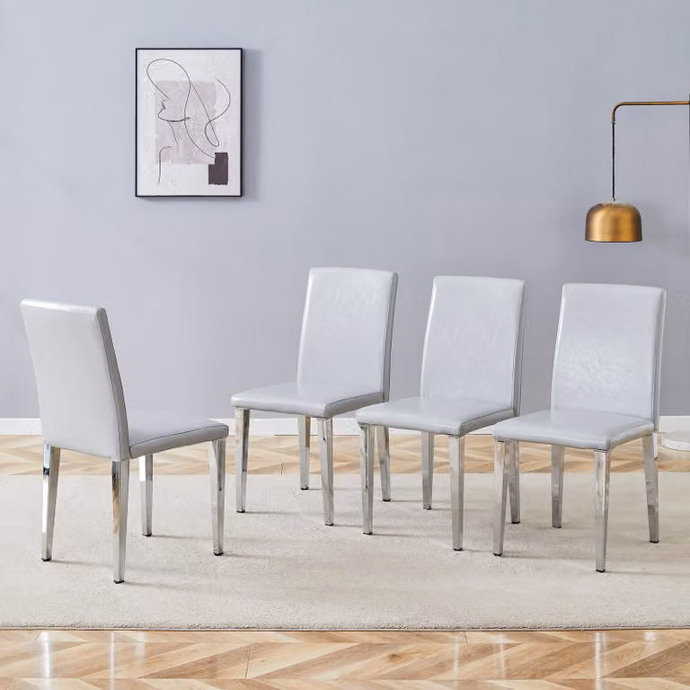 Set di 4 sedie da pranzo, design minimalista, rivestite in ecopelle, gambe in metallo (grigio chiaro, argento)