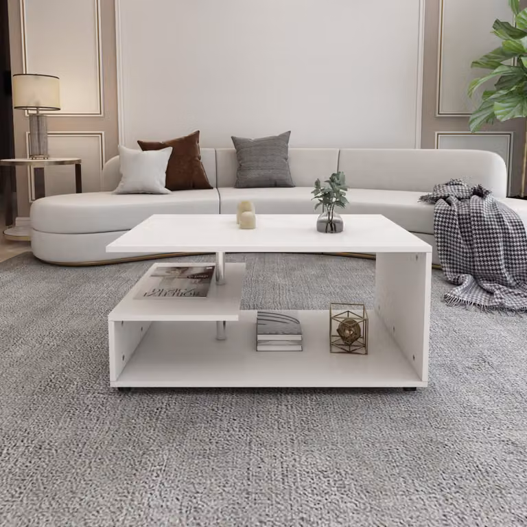 ML-Design tavolino / tavolino, bianco, con barra decorativa in metallo, 91x41x52,6 cm, tavolino da divano moderno e spazioso con ripiani su 3 livelli