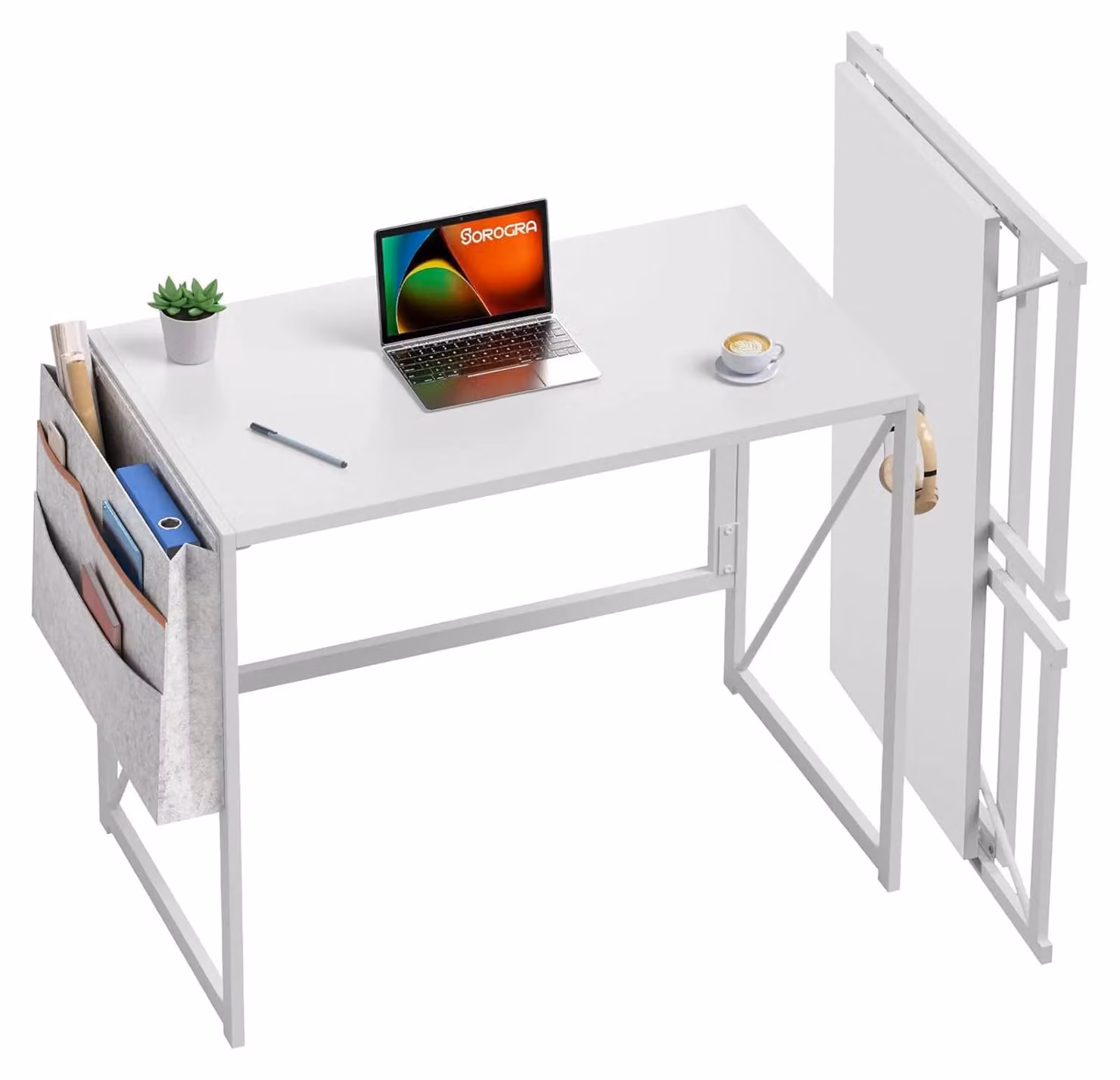 Scrivania pieghevole - Scrivania per computer - 80 cm - Tasca laterale e ganci - Salvaspazio - Struttura in metallo robusta - Montaggio semplice - Bianco