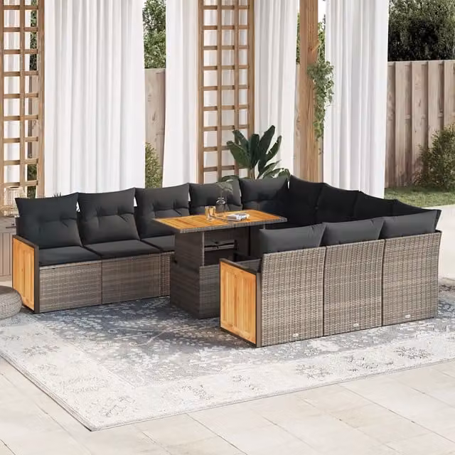 Set di divani da giardino vidaXL in polyrattan e legno di acacia grigio con 11 pezzi e cuscini inclusi