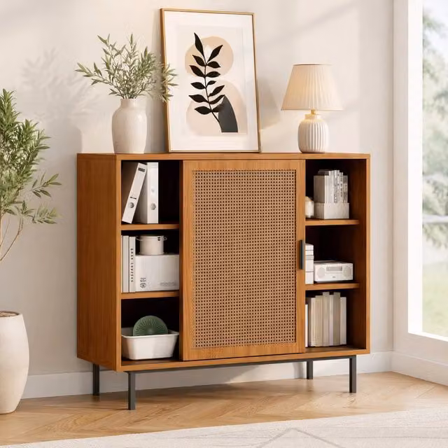 Madia moderna REDOM in legno e rattan con finitura opaca, colore marrone, L: 100 cm, P: 90 cm, H: 37 cm