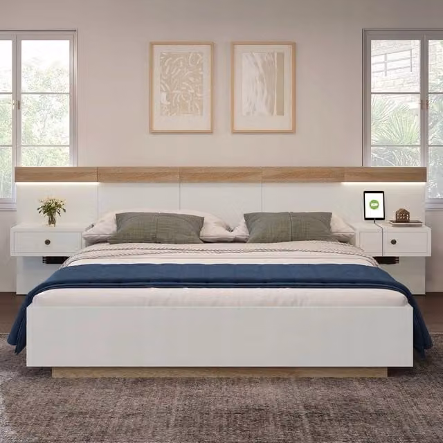 Letto matrimoniale - Xylo - 180x200cm - Bianco rovere - 2 comodini LED USB
