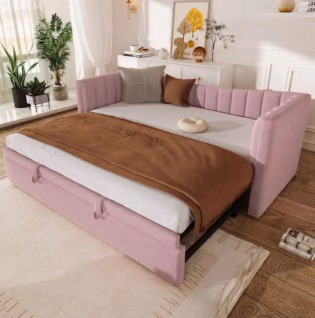 Letto imbottito con letto estraibile 90x200 cm in velluto rosa; struttura in MDF
