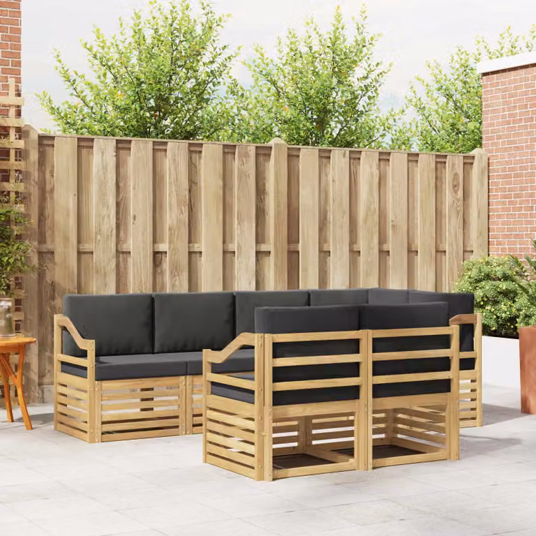 Set di divani da esterno vidaXL 7 pz a forma di L in legno di acacia con cuscini bianchi e antracite