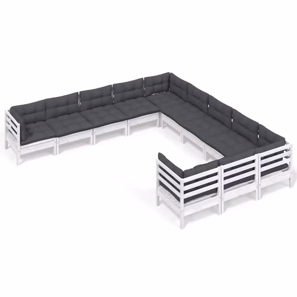Set di Divani da Giardino a L vidaXL in Legno di Pino con Cuscini Bianchi e Antracite 11 Pezzi – 2