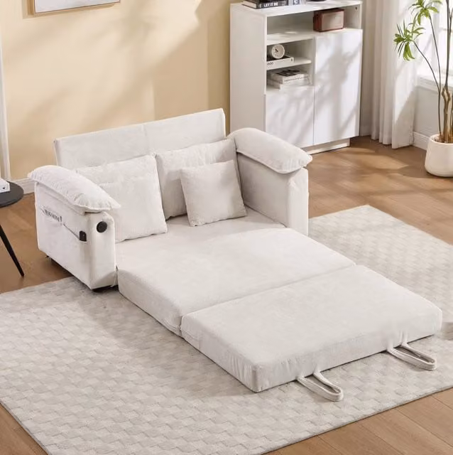 Divano letto convertibile 135x66x80 cm in tessuto bianco con tasche laterali -
