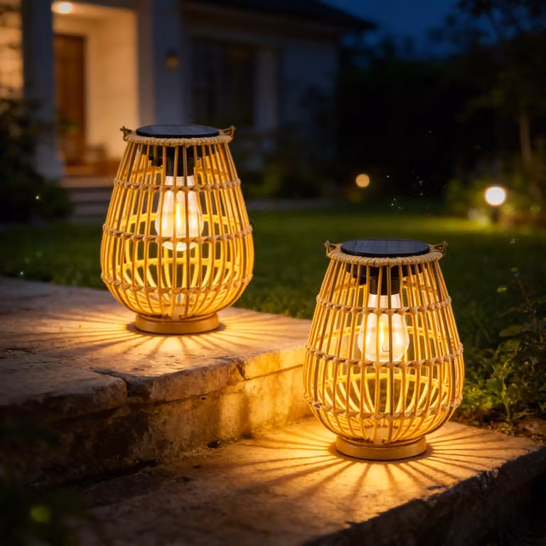 Set di 2 lanterne solari, intrecciate a mano, stile bohémien, grado di protezione IP65, luce bianco caldo
