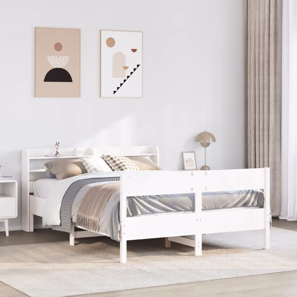 Letto in legno di pino massello bianco con ripiani laterali vidaXL L/P/H: 200 x 160 x 82 cm
