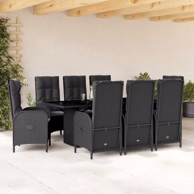 Set da pranzo da giardino vidaXL in polyrattan nero con tavolo in vetro e 9 pezzi