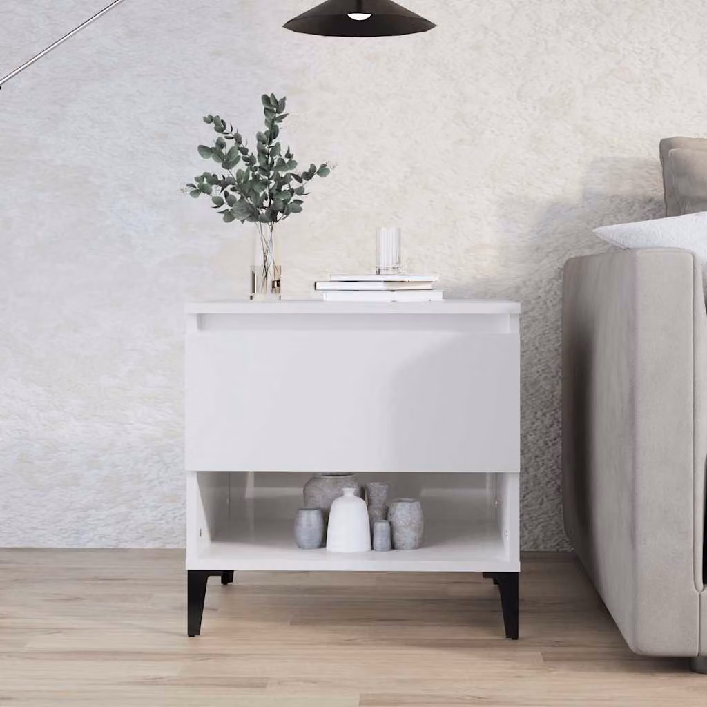 vidaXL Tavolino Quadrato Bianco Lucido in Legno e Metallo L: 50 cm, P: 46 cm, H: 50 cm