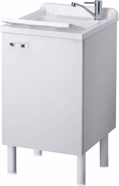 Lavatoio con mobile Negrari bianco in nobilitato idrofugo con vasca in polipropilene e maniglie cromate L: 60 cm, P: 50 cm, H: 85 cm