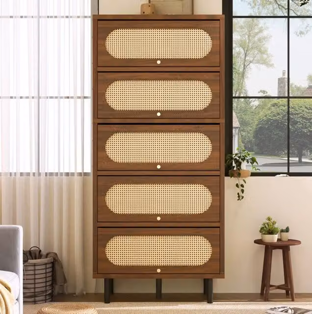Credenza 80x40x163 cm con 5 ante a ribalta; finitura noce; MDF; truciolare e metallo