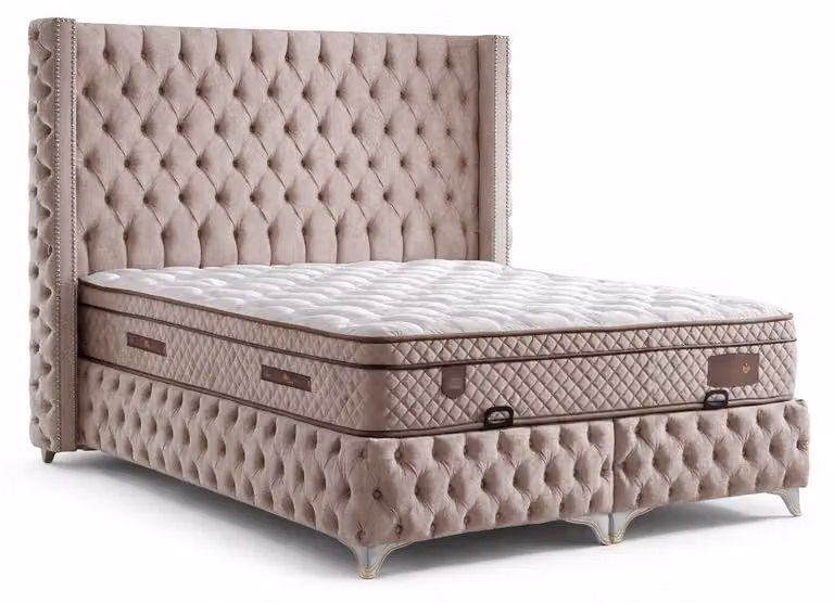 Letto con materasso in stile moderno, rivestimento in tessuto beige, con contenitore