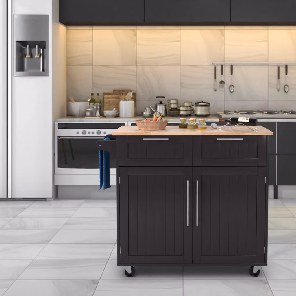 Isola da cucina rotante Design Mania con cassetti portaoggetti e 4 ruote, marrone e nero – 2