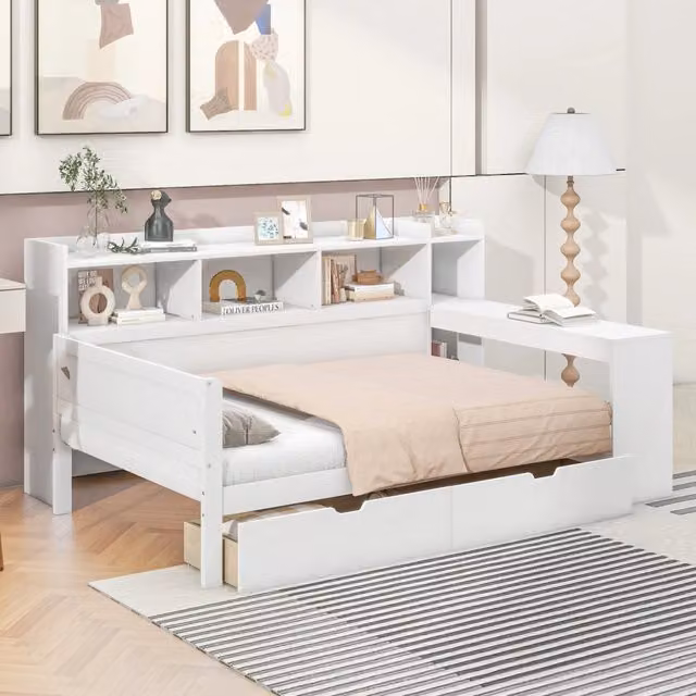Letto multifunzionale 90x200 cm con scrivania e contenitori; truciolare e MDF; bianco