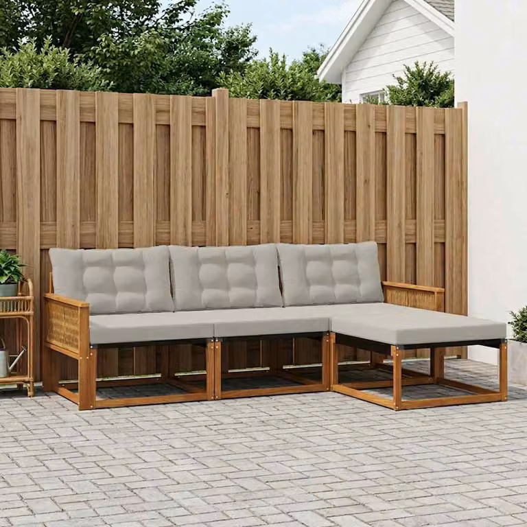 Set di divani da esterno vidaXL a forma di L con pouf, in legno di acacia trattato e tessuto textilene, colore beige e grigio