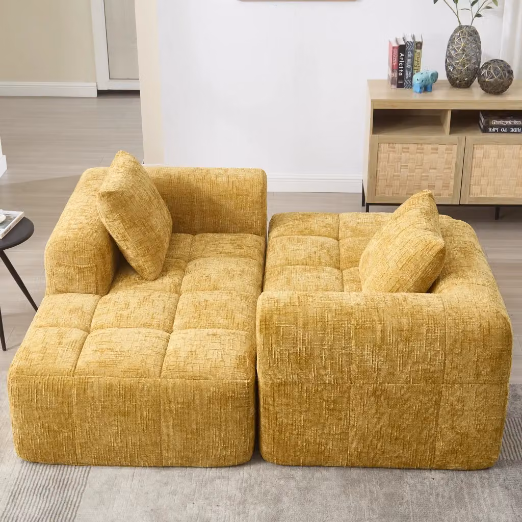 Chaise Longue Moderna con Cuscino e Tasche Laterali in Ciniglia Gialla, L: 158 cm, P: 90 cm, H: 60 cm – 2