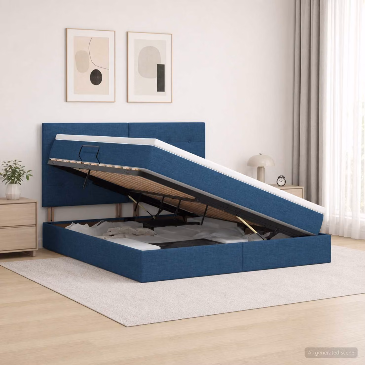 Letto con contenitore e materasso vidaXL in tessuto blu, L/P/H: 200 x 160 x 140 cm