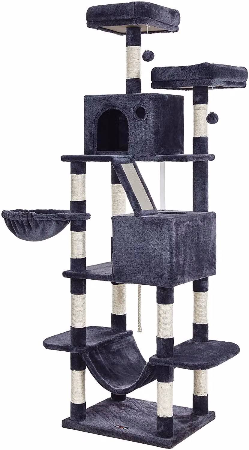 Albero per gatti con tiragraffi, amaca e rifugio, 7 livelli, colore grigio antracite, altezza 206 cm