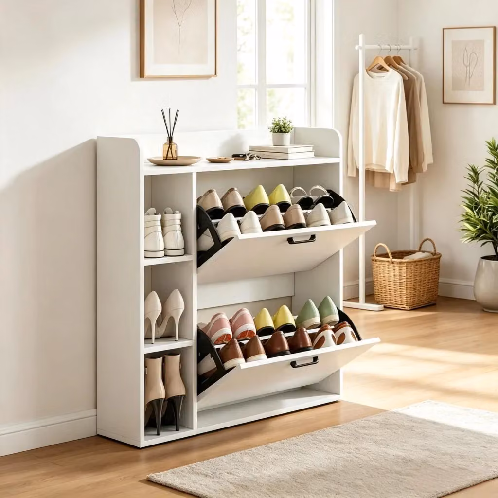 Scarpiera Mivray Bianca con Vani Ribaltabili e Ripiani Interni L: 83 cm, P: 24 cm, H: 90.5 cm – 2