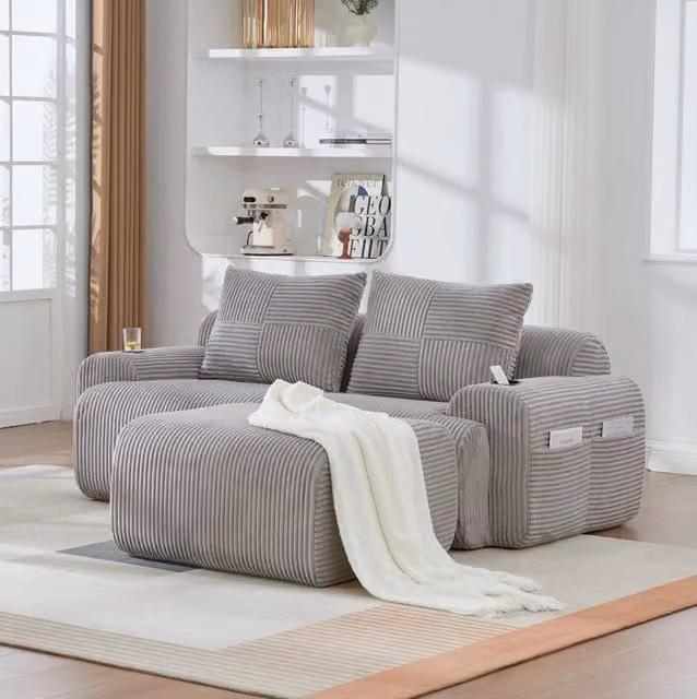 Divano modulare 2 posti in corduroy con portalimanda e tasca laterale; grigio chiaro