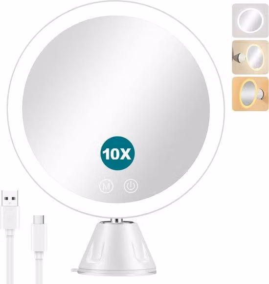 Specchio compatto con LED, ruotabile a 360°, bianco, portatile