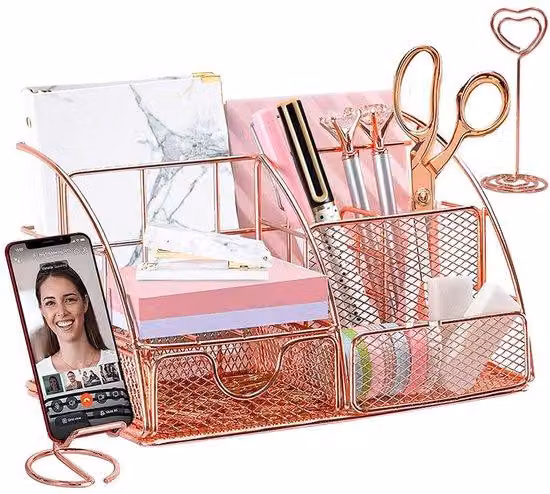 Organizer da scrivania, oro rosa, con supporto per telefono, portapenne a sfera, organizer per cosmetici e portamatite, accessori in metallo per la scuola e l'ufficio domestico