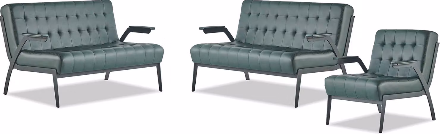 Sofa-Set 2-Sitzer Sessel Grün Edelstahl Modern Leder Chesterfield Holz