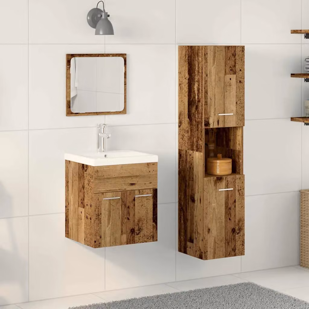 Set di mobili per il bagno moderno vidaXL in legno e metallo marrone, composto da 4 pezzi con vanità e armadietti a muro
