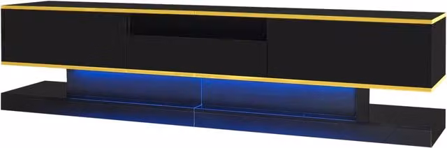 Mobile TV moderno nero lucido con tre cassetti, ripiano aperto e luci LED colorate 180x38x45 cm