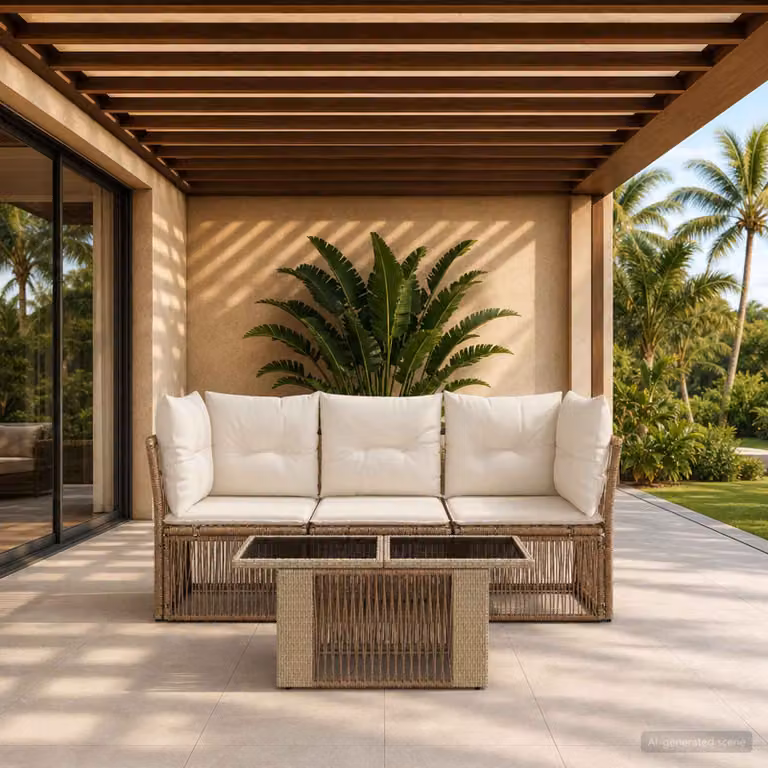 Set Divano da Giardino Moderno vidaXL in Polyrattan Beige con Cuscini e Tavolino da 4 Pezzi