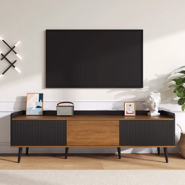 Mobile TV 3 ante, 160x39x49,5 cm, nero e finitura legno naturale, design compatto