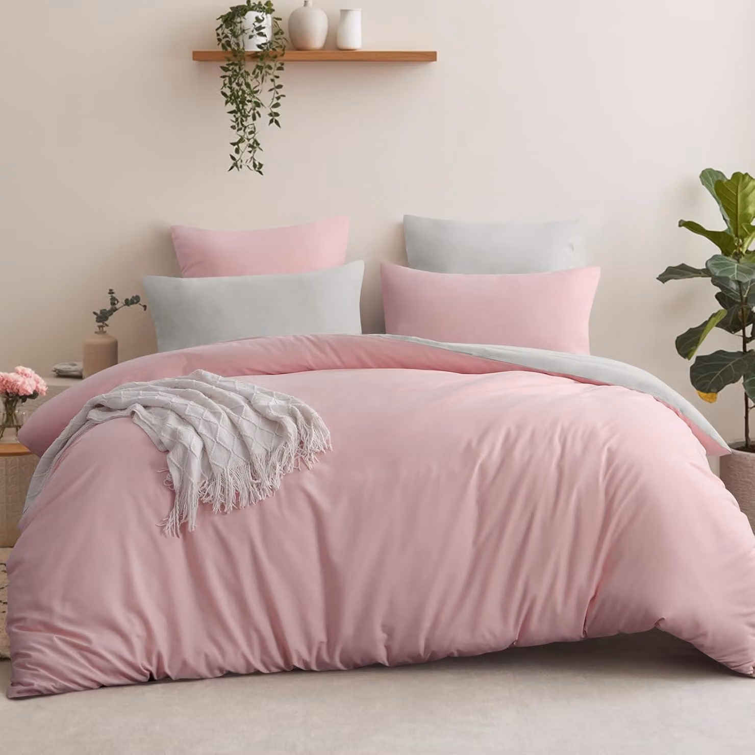Set di lenzuola con copripiumino reversibile, dimensioni 200x200 cm, con 2 federe 65x65 cm, colore rosa/beige
