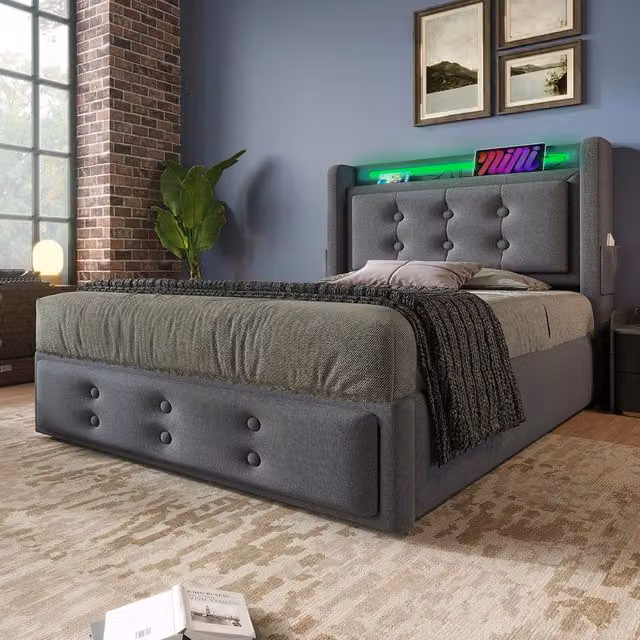 Letto a cassone per adulti - Xylo - 90x200 cm - Grigio - Testiera LED con USB C e rete a doghe
