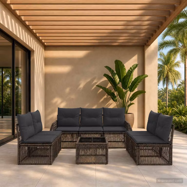 Set Divano da Giardino vidaXL 8 Pezzi a Forma di U in Polyrattan Grigio e Antracite con Tavolino e Cuscini Imbottiti
