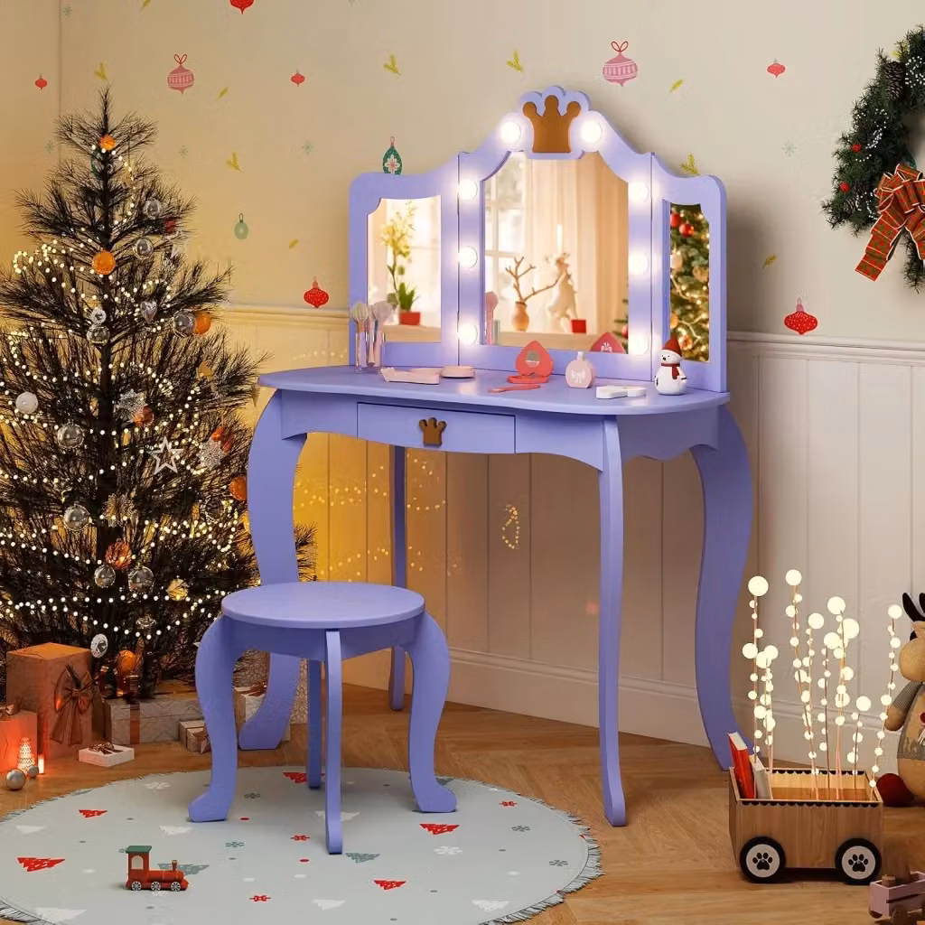 Set Toeletta Trucco per Bambina COSTWAY con Sgabello, Tavolo con Triplo Specchio Staccabile e Luci LED a 3 Colori, Postazione con Cassetto in Colore Viola – 2
