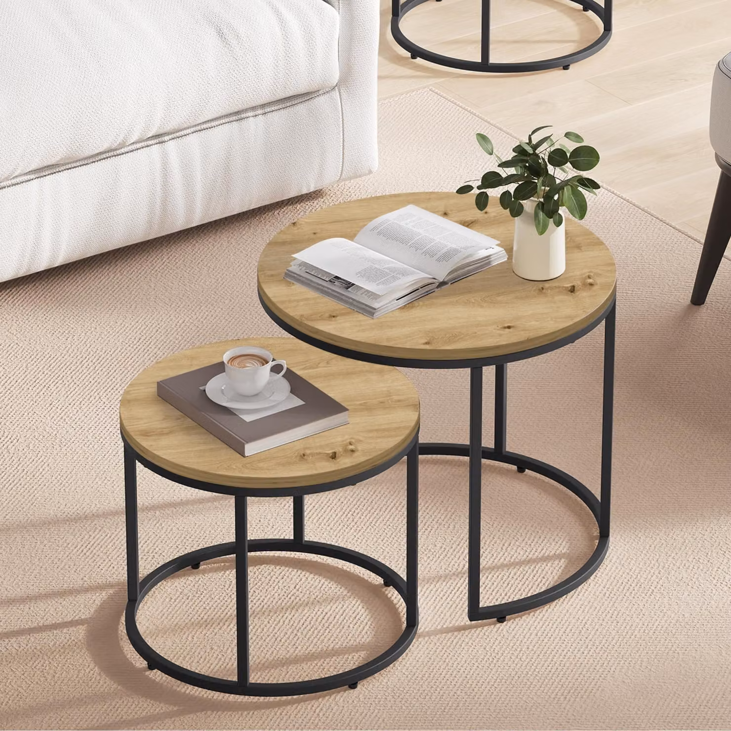 Set da 2 tavolini da caffè rotondi, tavolini laterali in stile industriale, design 2 in 1, superficie resistente ai graffi, aspetto artigianale per il soggiorno, con gambe nere