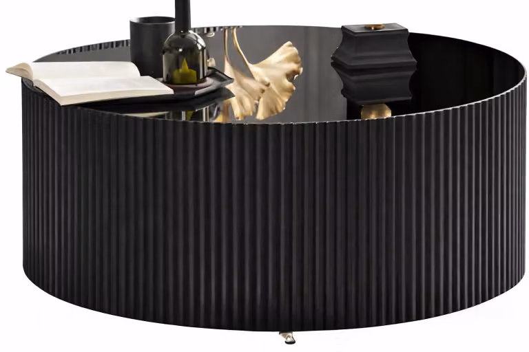 Elegante tavolino da salotto nero con piano in vetro riflettente
