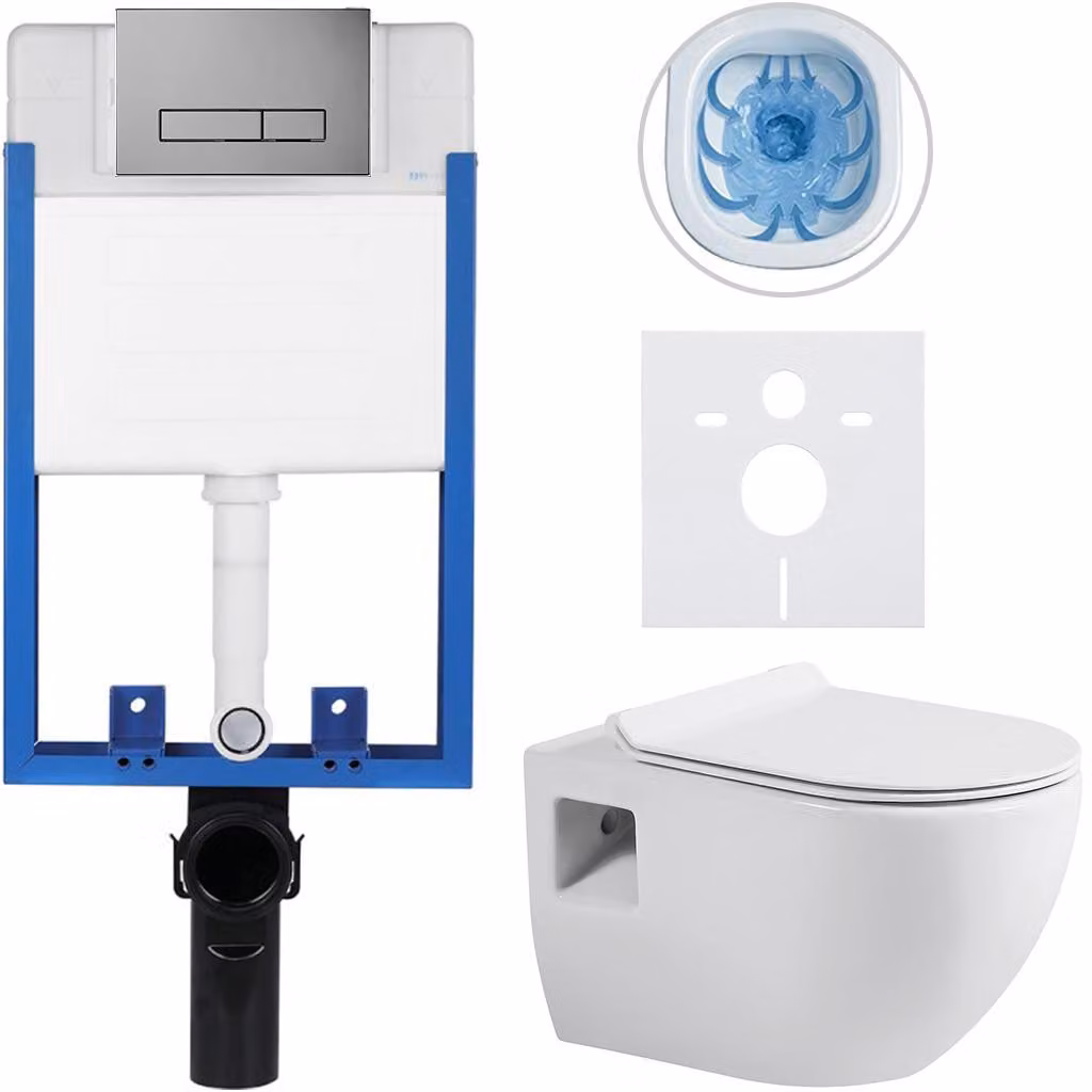 Set completo per WC da incasso, modello Lite/Dure, colore bianco lucido. Include pulsante per WC modello Slim, colore grigio scuro, da incasso. Dimensioni: 51x35 cm