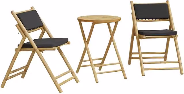 Set da Bistrot Pieghevole 3pz in Bambu con Cuscini Grigio Scuro e Marrone per Giardino e Balcone – 1