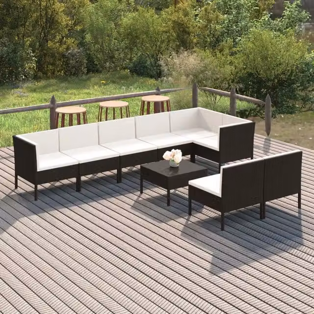 Set di Divani da Giardino a L con Tavolino vidaXL, 9 Pezzi in Polyrattan Nero e Bianco con Cuscini Imbottiti e Coperture Rimovibili – 1