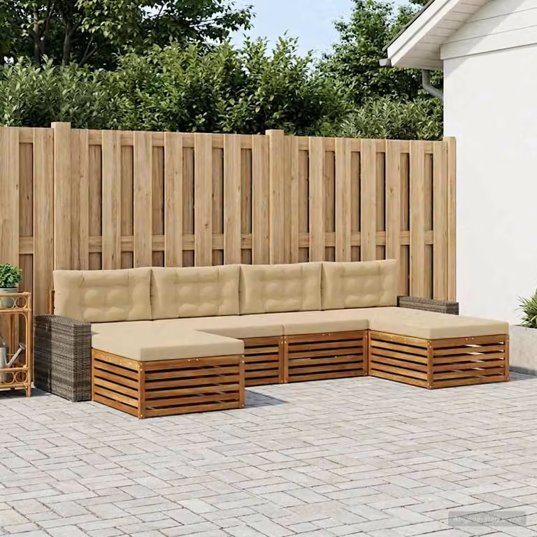Set di divani da esterno vidaXL a forma di L in legno di acacia massello con cuscini beige e marroni, 6 pezzi