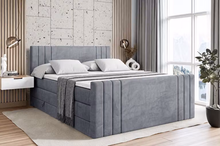 Letto boxspring ALTDECOR con pediera, 2 materassi e topper - 120x200 cm - IDRIKO-Z KING - Velluto grigio - Letto imbottito con materassi H3 e H4, contenitore e rete a doghe, letto con spazio contenitivo