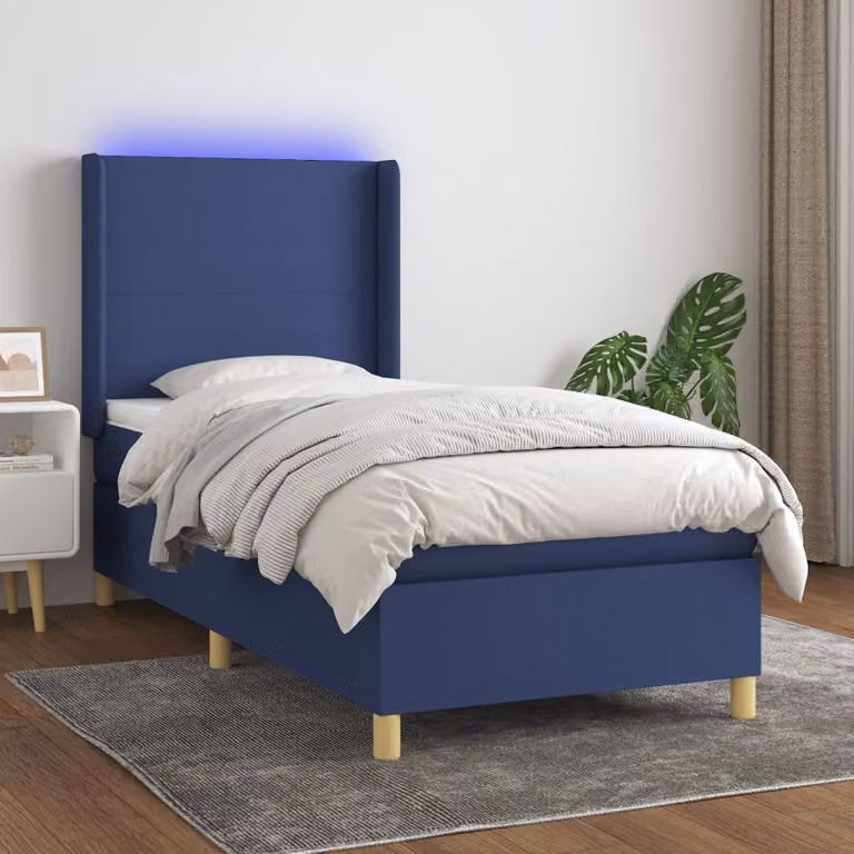 Letto Ibrido vidaXL con Materasso, Illuminazione LED Blu e Porta USB, Tessuto Blu e Bianco, L/P: 90 x 200 cm