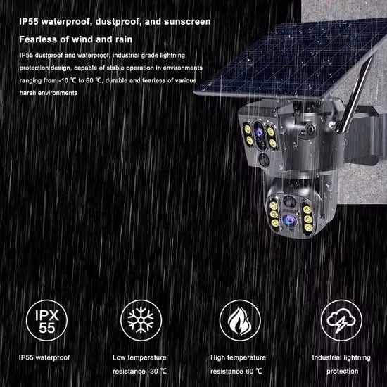 Camera di sicurezza esterna WiFi con doppio obiettivo, risoluzione 4K, visione notturna a colori e intercom vocale, alimentazione solare, colore nero