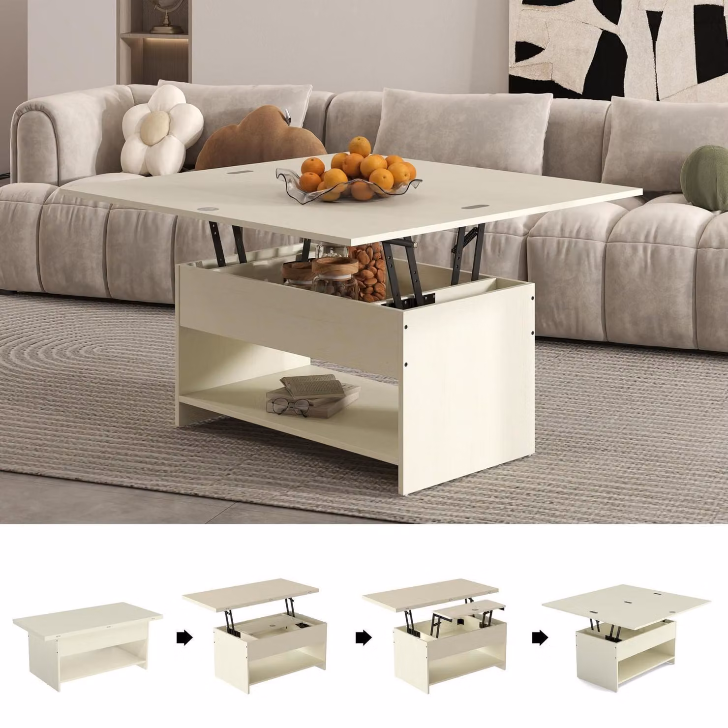 Tavolino da soggiorno, altezza regolabile, estendibile, bianco, MDF, dimensioni 100x50x43,5-100x99,5x56,5 cm